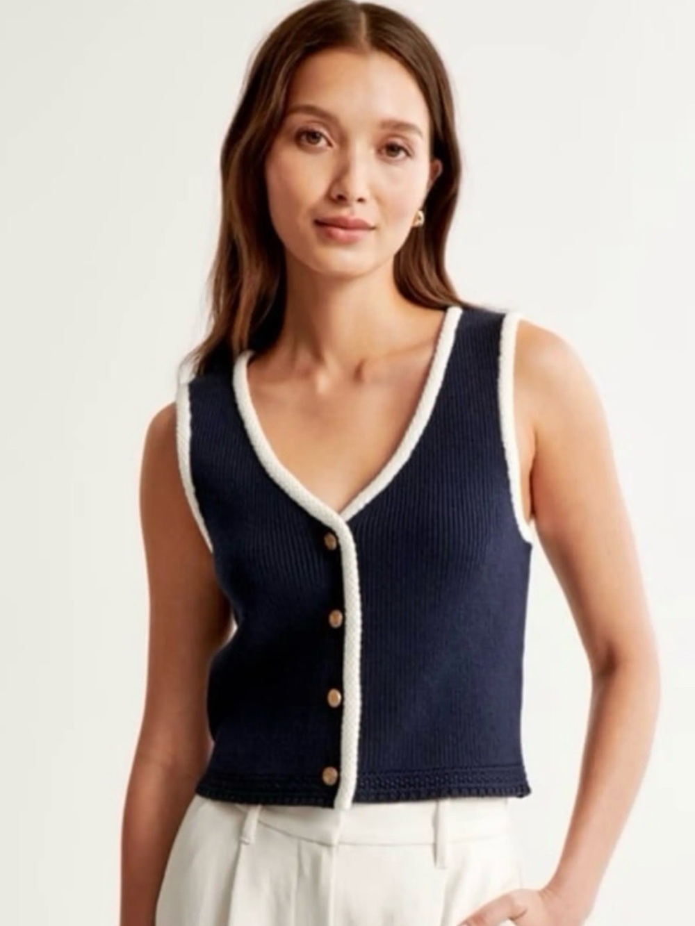 Abercrombie & Fitch Cream Knit Button-Front Top